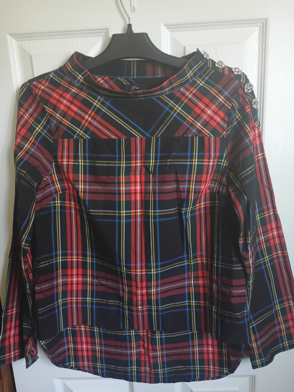 J.Crew Plaid Jewel Shoulder Blouse